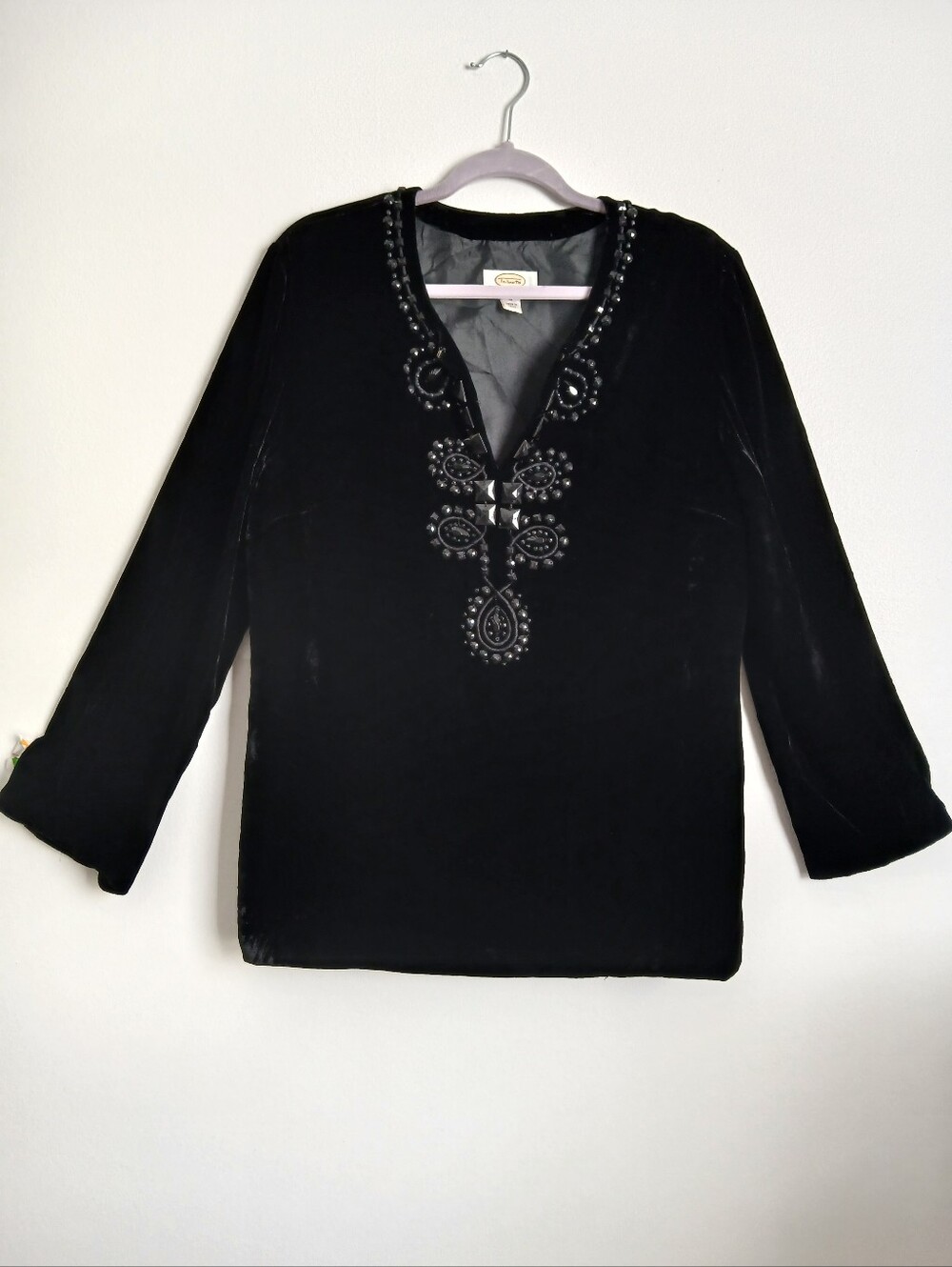 Talbots Petites Black Velvet Top Beaded Silk Blend